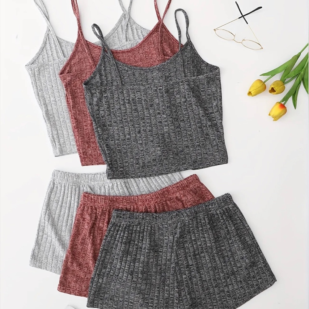 3sets Ribbed Knit Cami Top & Tie Front Shorts Lounge Set
